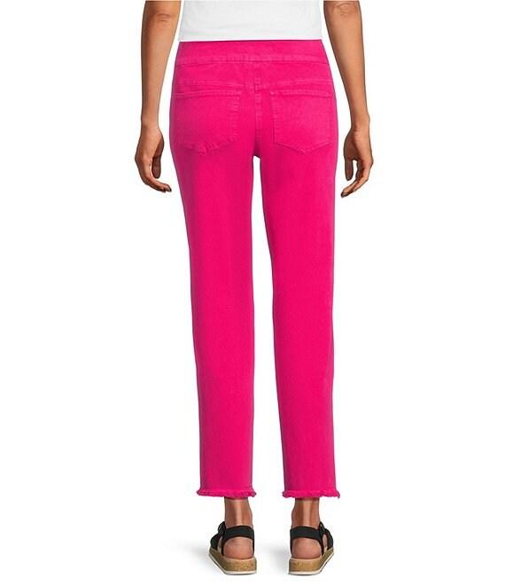 Multiples Solid Garment Dyed Straight Leg Fringe Hem Pull-On Ankle Pants Product Image