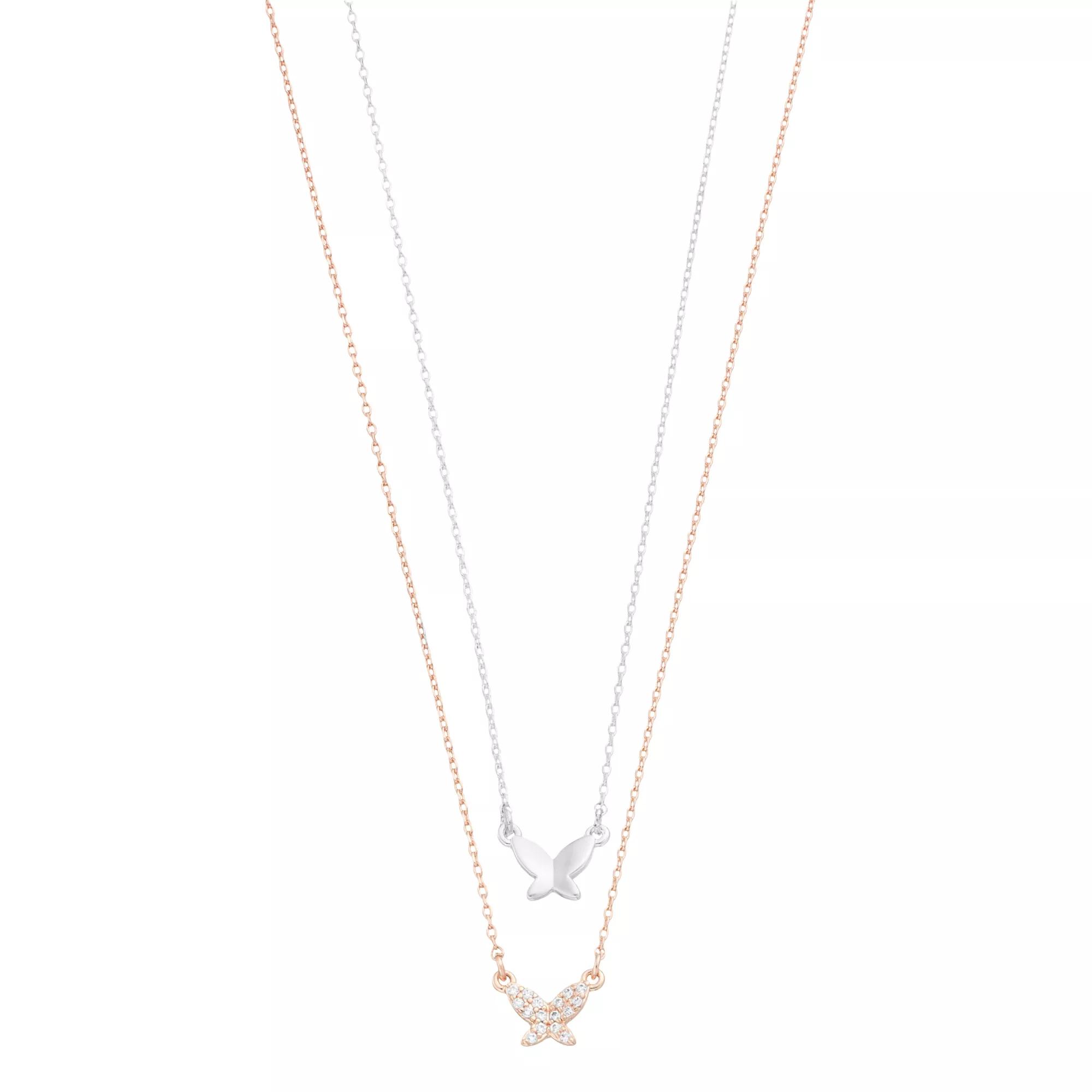 City Luxe Two-Tone Cubic Zirconia Butterfly Duo Necklace Set, Women's, Two Tone Clear Product Image