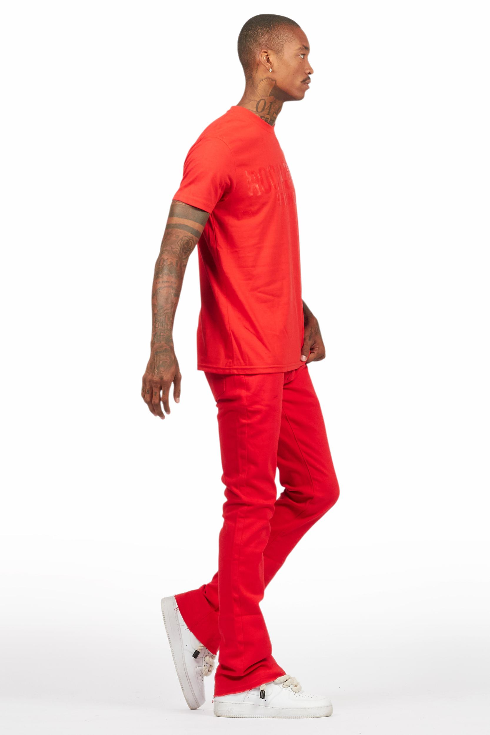Sana Red T-Shirt/Dag Stacked Flare Jean Set Male Product Image