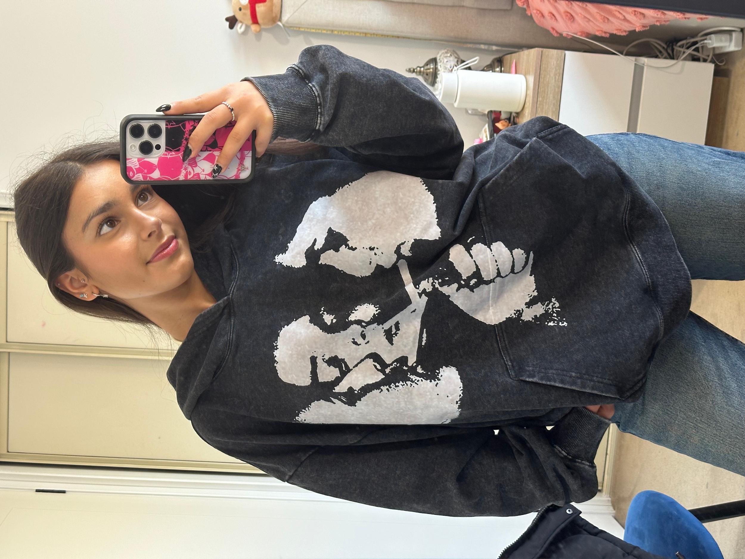 Sopula Vintage Siyah Punk Gothic Graphic Acid Washed Oversized Hoodie Product Image