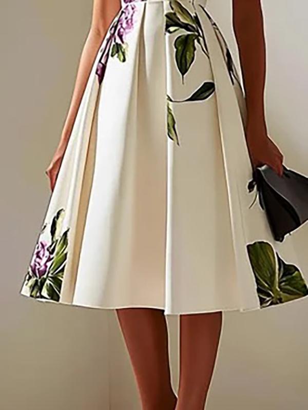 A-Line High Waisted Flower Print Pleated Round-Neck Midi Dresses Product Image