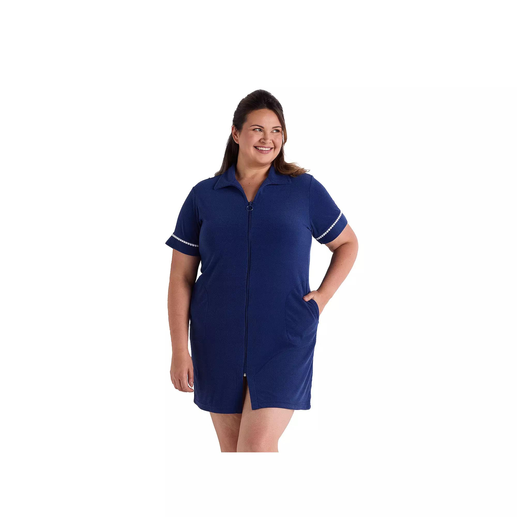 Plus Size Miss Elaine Essentials Terry Short Zip Robe, Women's, Size: 3XL, Blue Product Image