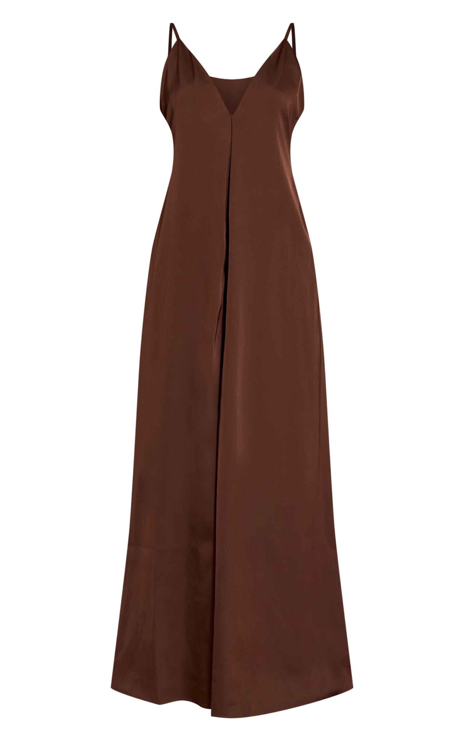 Chocolate Satin V Neck Wide Leg Jumpsuit Product Image