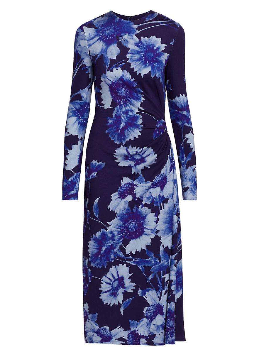 Womens Floral Long-Sleeve Draped Midi-Dress Product Image