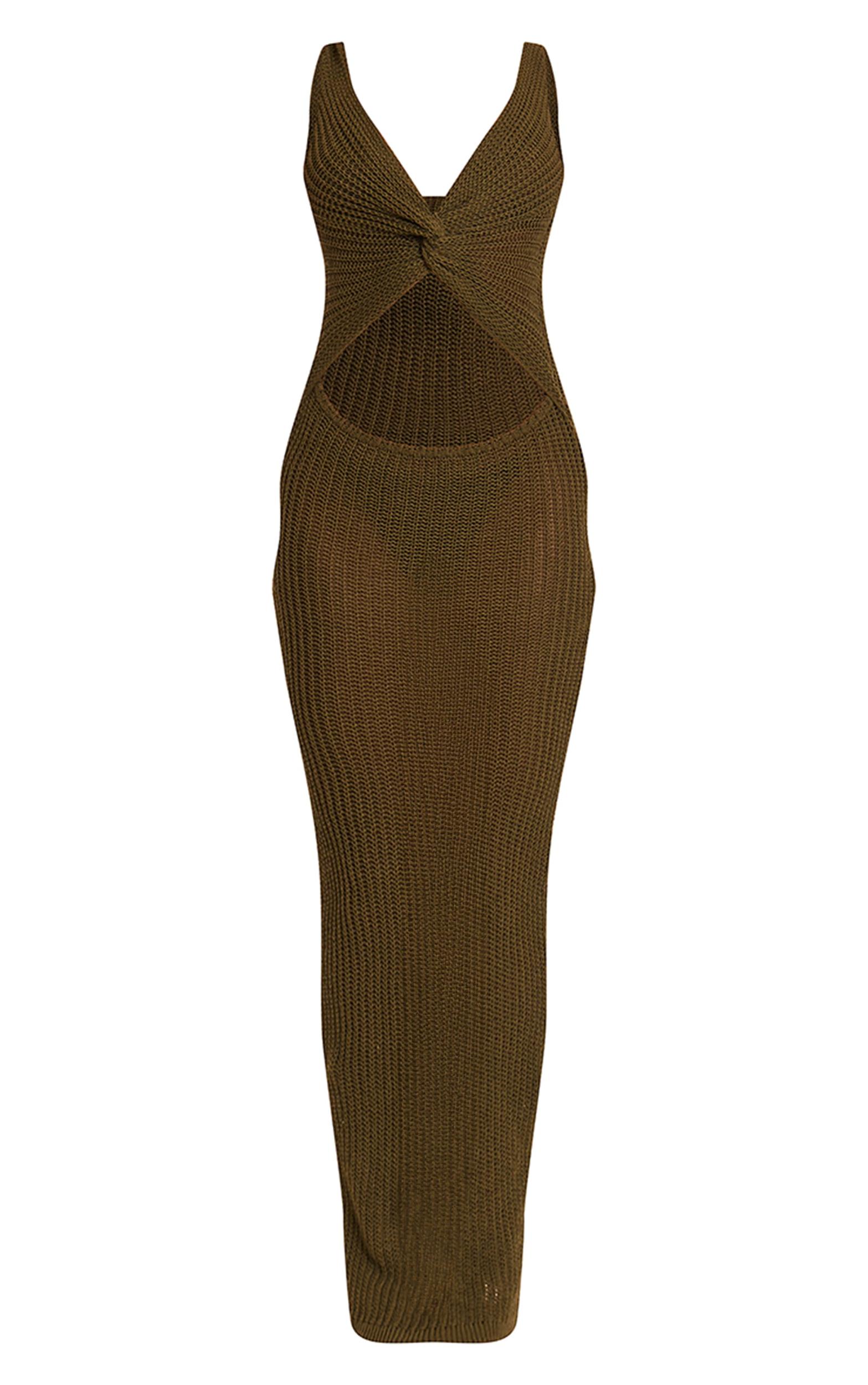 Khaki Textured Twist Front Cut Out Beach Dress Product Image