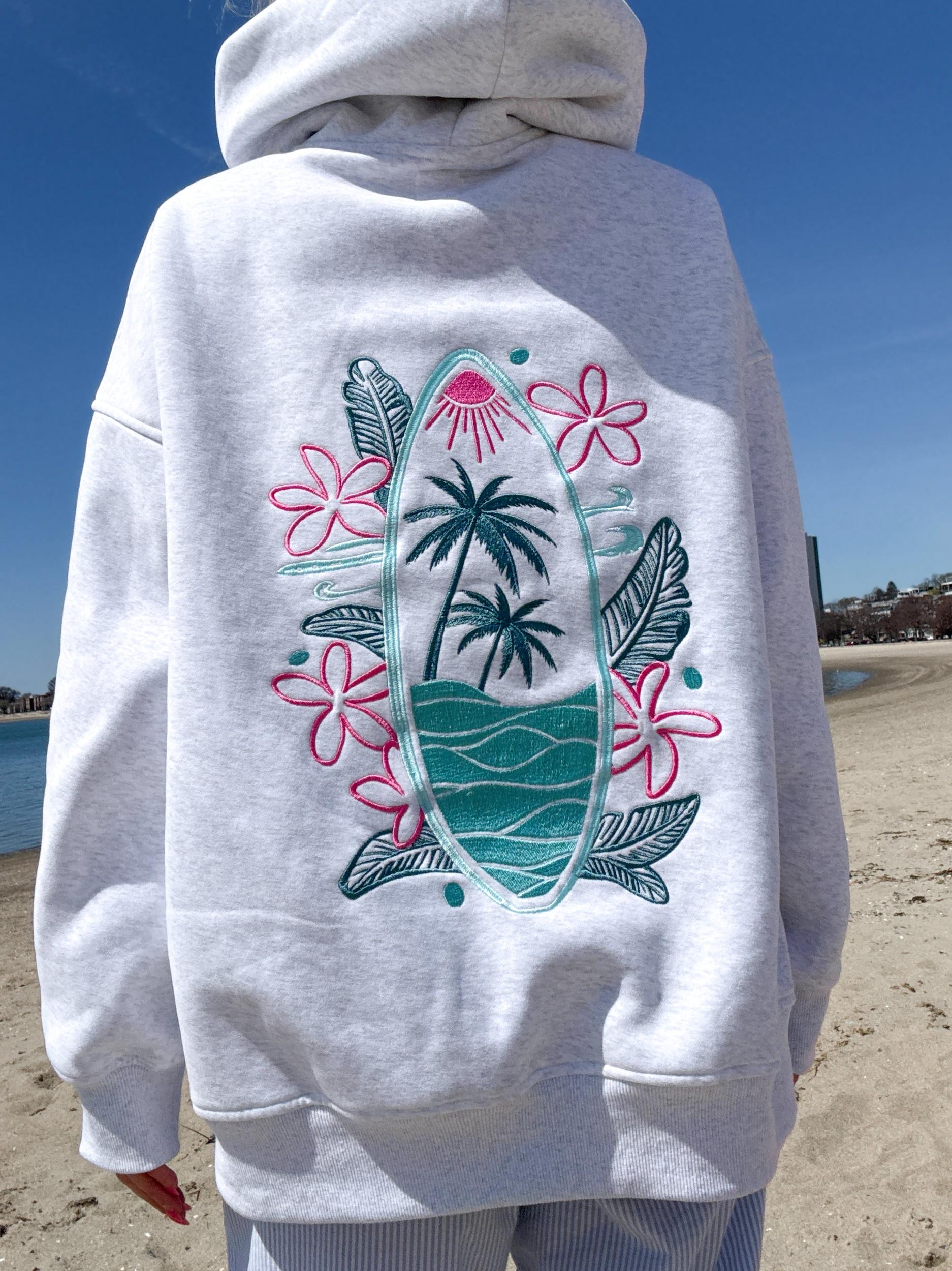 Pearl Grey Surfing The Waves Embroider Hoodie Product Image