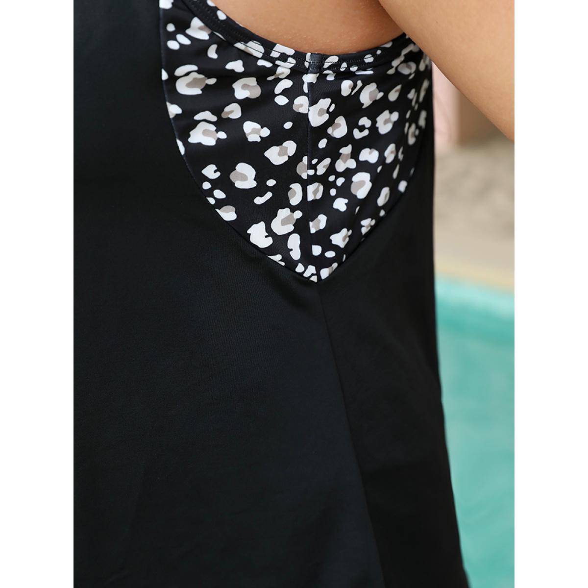 Plus Size Allover Patchwork Gathered Round Neck Tankini Top Women's Swimwear Black Vacation Gathered High stretch Round Neck Curve Swim Tops BloomChic 14-16/1X Product Image