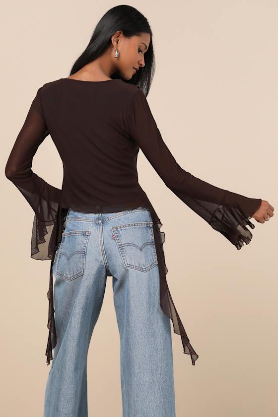 Whimsical Essence Dark Brown Ruffled Tie-Front Bell Sleeve Top Product Image