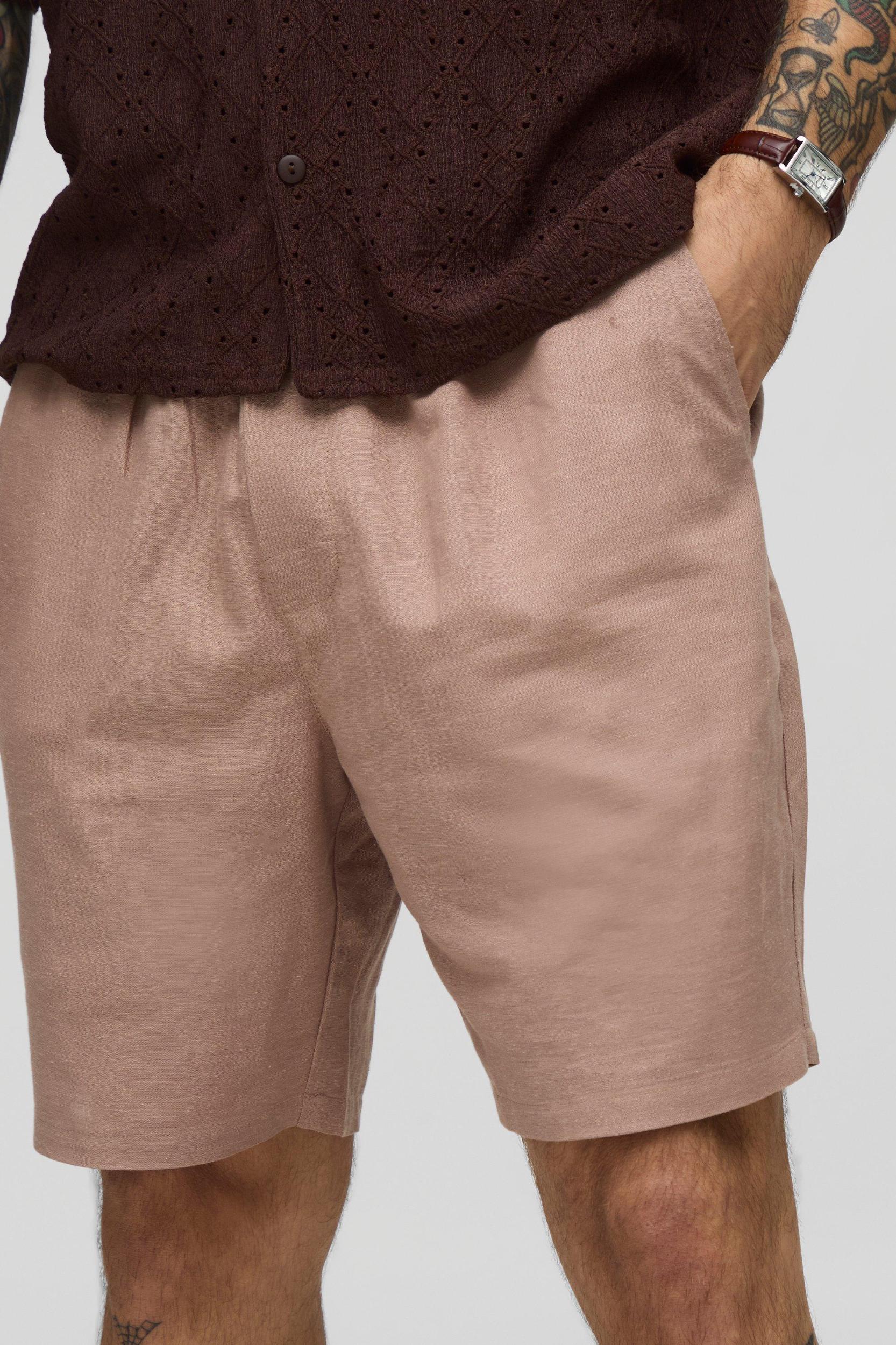 Elasticated Waist Slim Fit Mid Length Linen Blend Short | boohooMAN USA Product Image