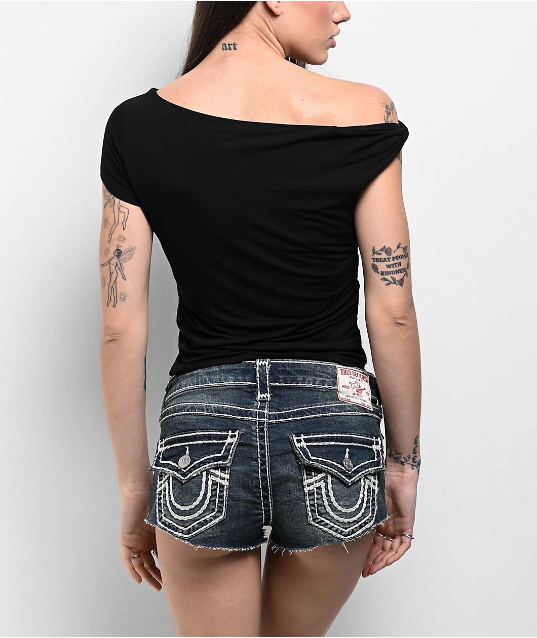 True Religion Asymmetrical Black Crop T-Shirt Product Image