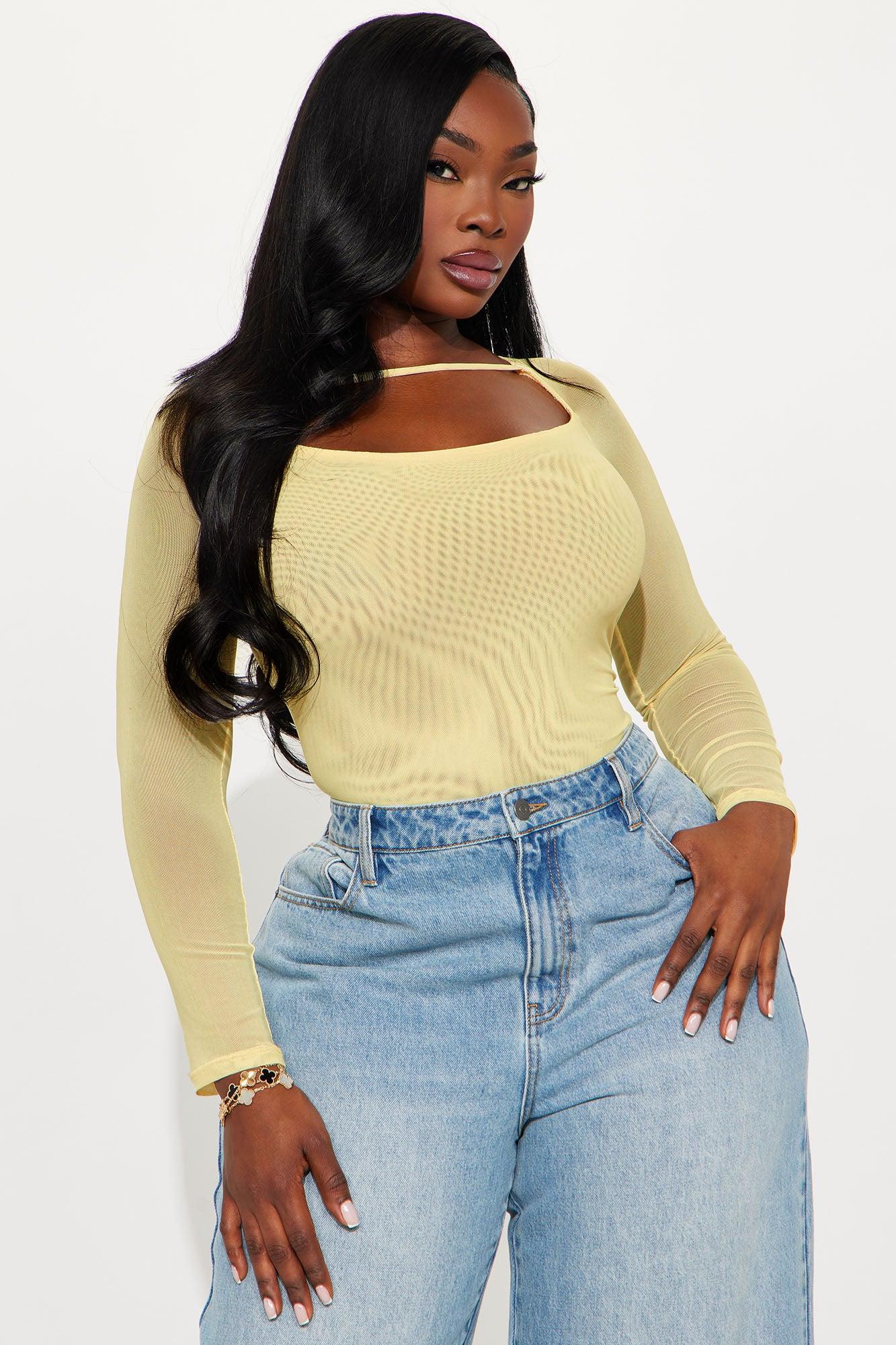 Blake Mesh Off Shoulder Bodysuit - Butter Yellow Product Image