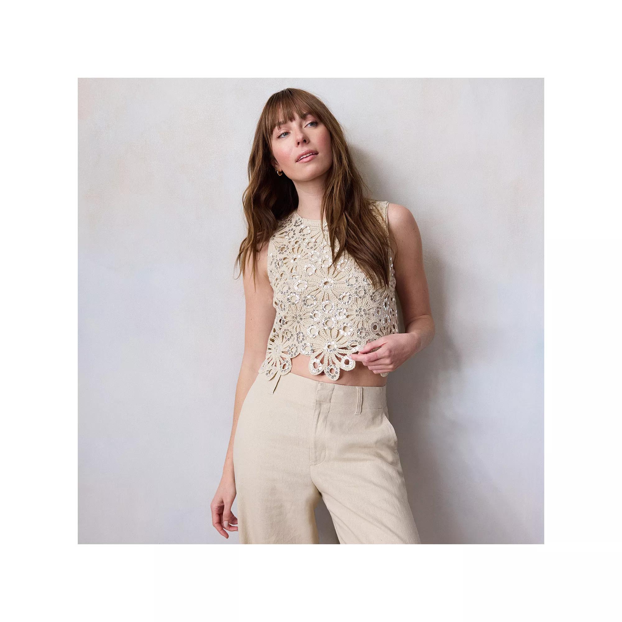 Women's LC Lauren Conrad Sequin Floral Crochet Tank Top, Size: Medium, Academy Green Product Image