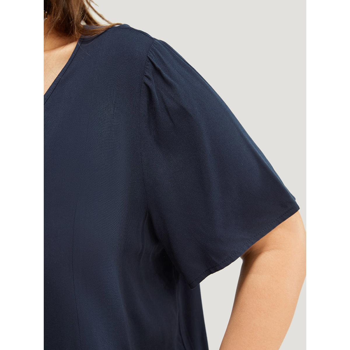 Plus Size Indigo Solid Pleated Detail Tie Neck Ruffle Blouse Women Office Short sleeve Tie Neck Dailywear Blouses BloomChic 10/M Product Image
