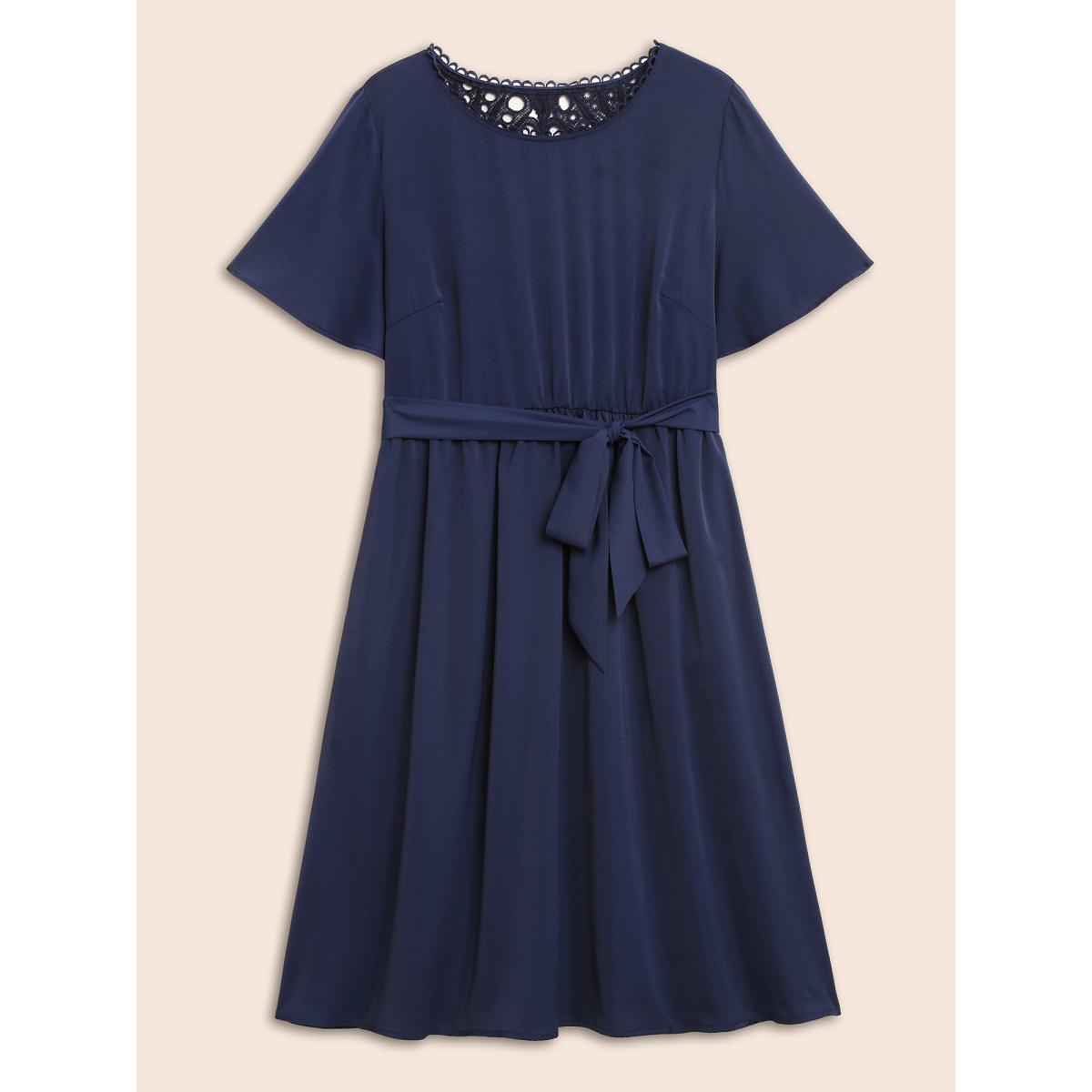 Plus Size Round Neck Lace Patchwork Ruffle Sleeve Dress DarkBlue Women Elegant Woven ribbon&lace trim Round Neck Short sleeve Curvy BloomChic 26/4X Product Image