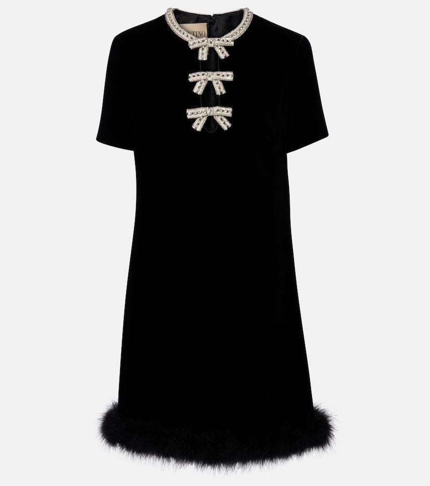 VALENTINO Crystal Bow Velvet Mini Dress With Feather Trim In Black Product Image