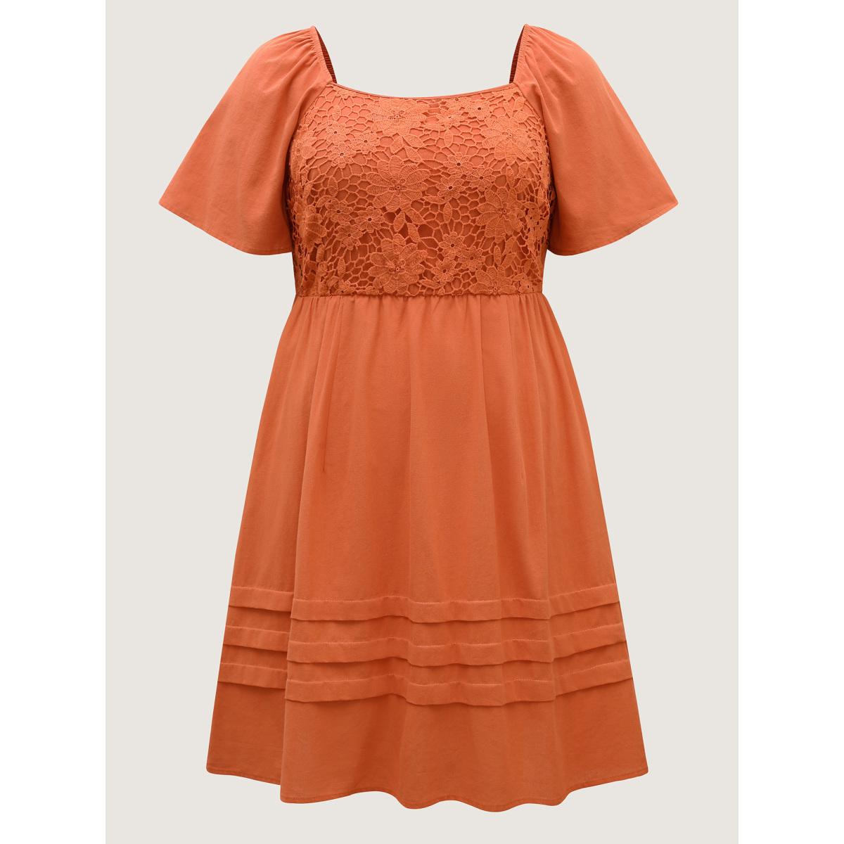 Plus Size Cotton Lace Stretchy Waist Pockets Midi Dress OrangeRed Women Square Neck Short sleeve Curvy BloomChic 28/5X Product Image