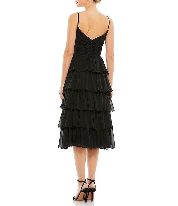 Mac Duggal Sheer Chiffon V-Neck Sleeveless Ruffle Layer Tiered Hem A-Line Midi Dress Product Image