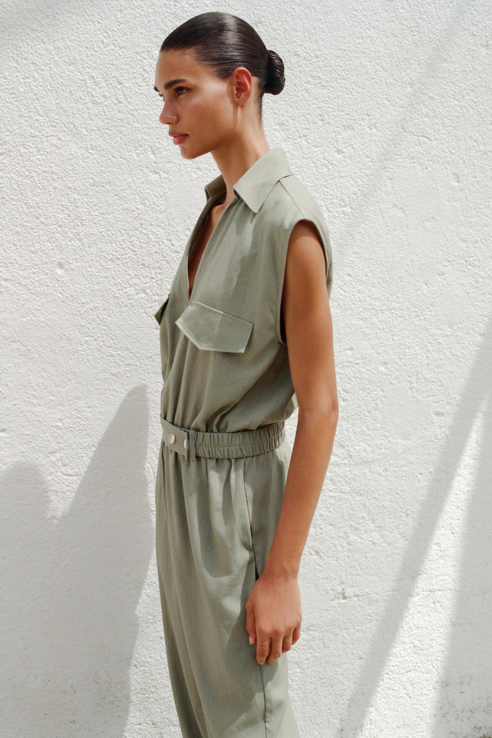 LINEN BELTED LONG JUMPSUIT Product Image