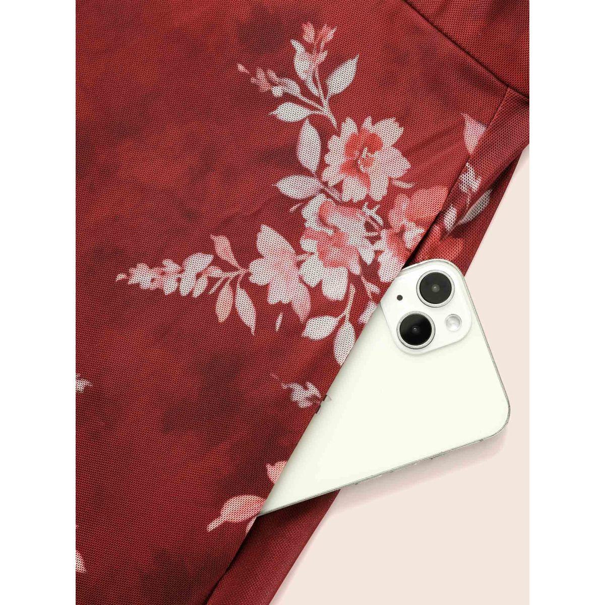 Plus Size Floral See Through Gathered Dress Burgundy Women Elegant Gathered V-neck Long Sleeve Curvy BloomChic 10/M Product Image