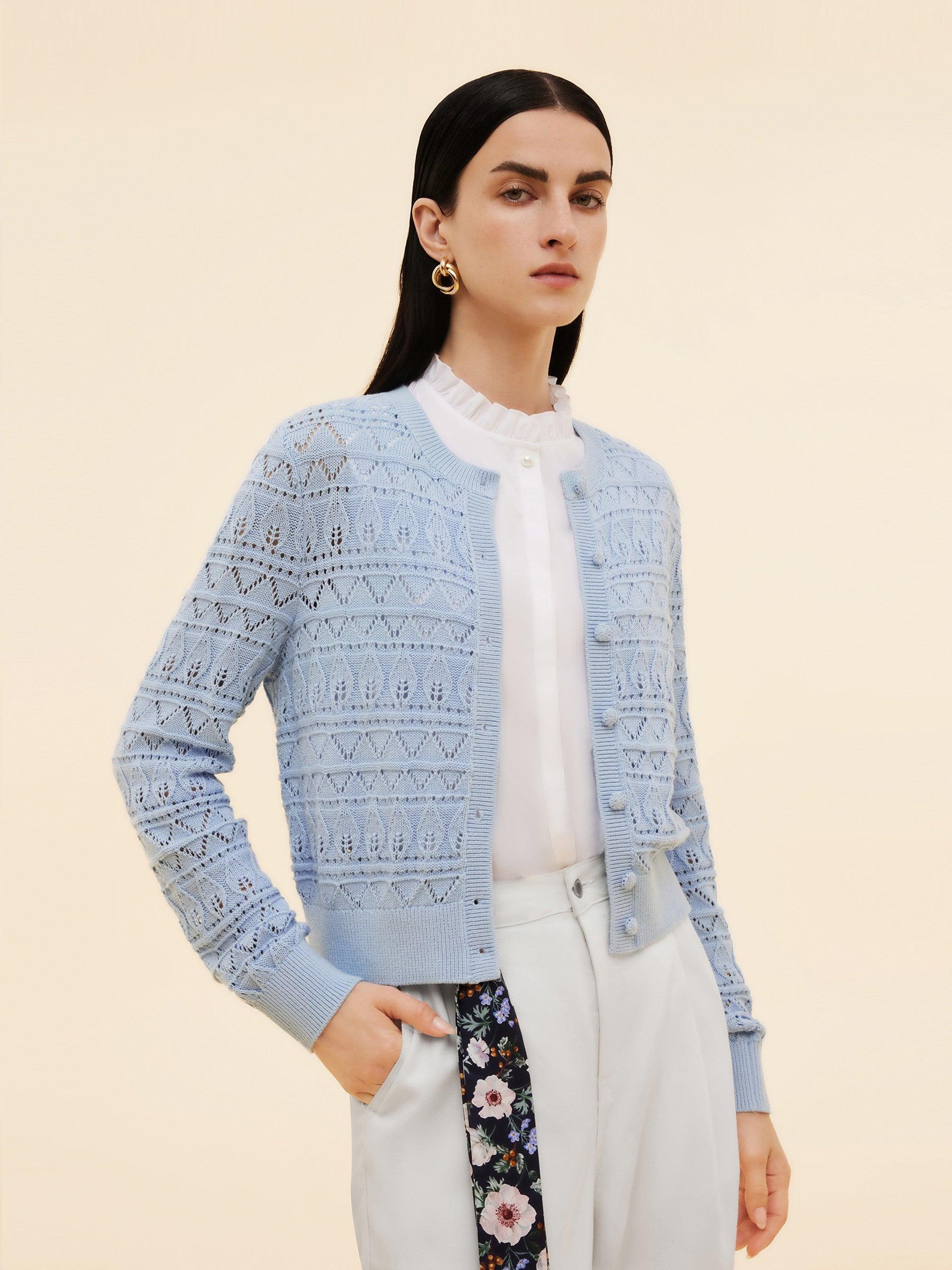 Cotton Openwork Women Round Neck Cardigan Product Image