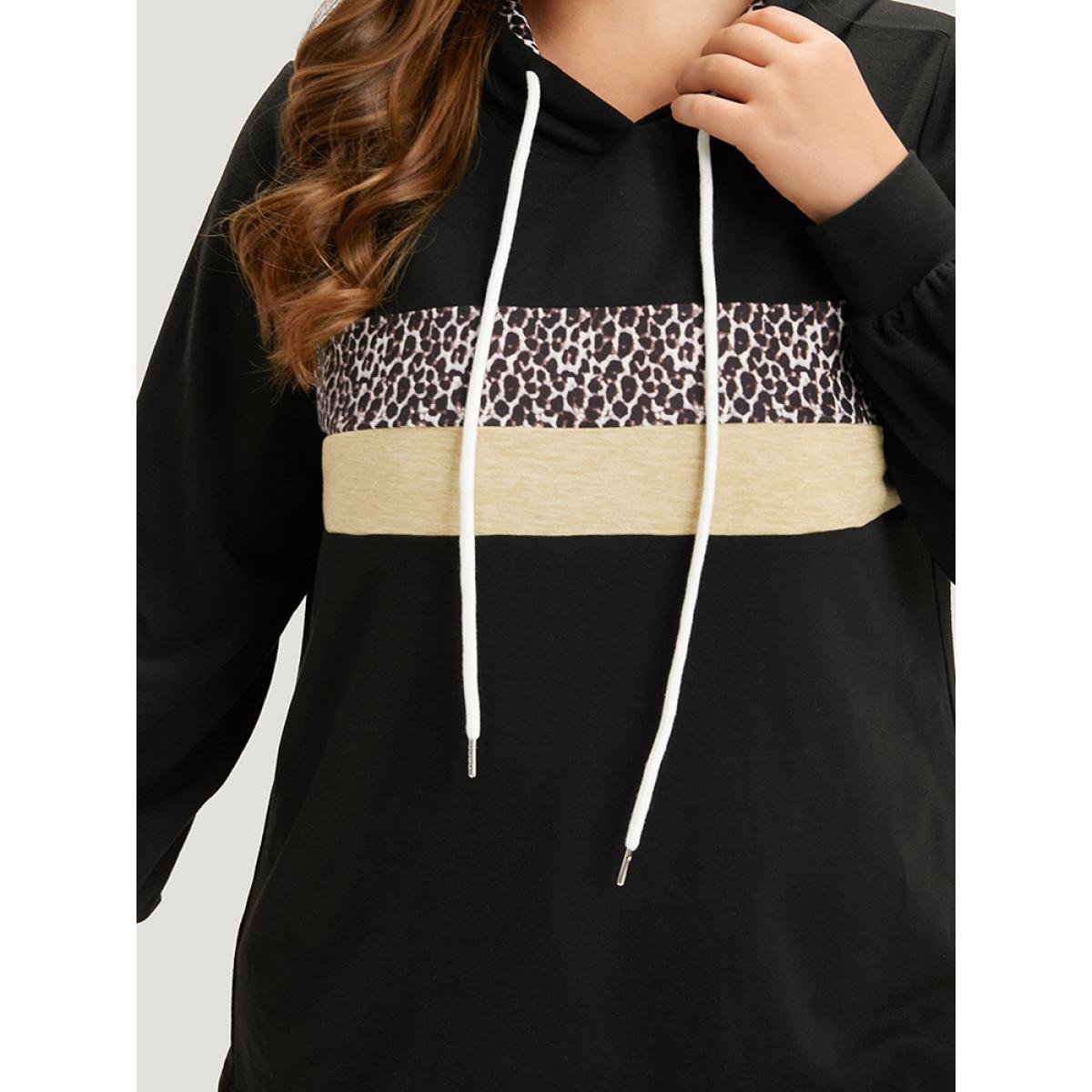 Plus Size Leopard Patchwork Contrast Hooded Drawstring Sweatshirt Women Black Casual Elastic cuffs Hooded Dailywear Sweatshirts BloomChic 26/4X Product Image
