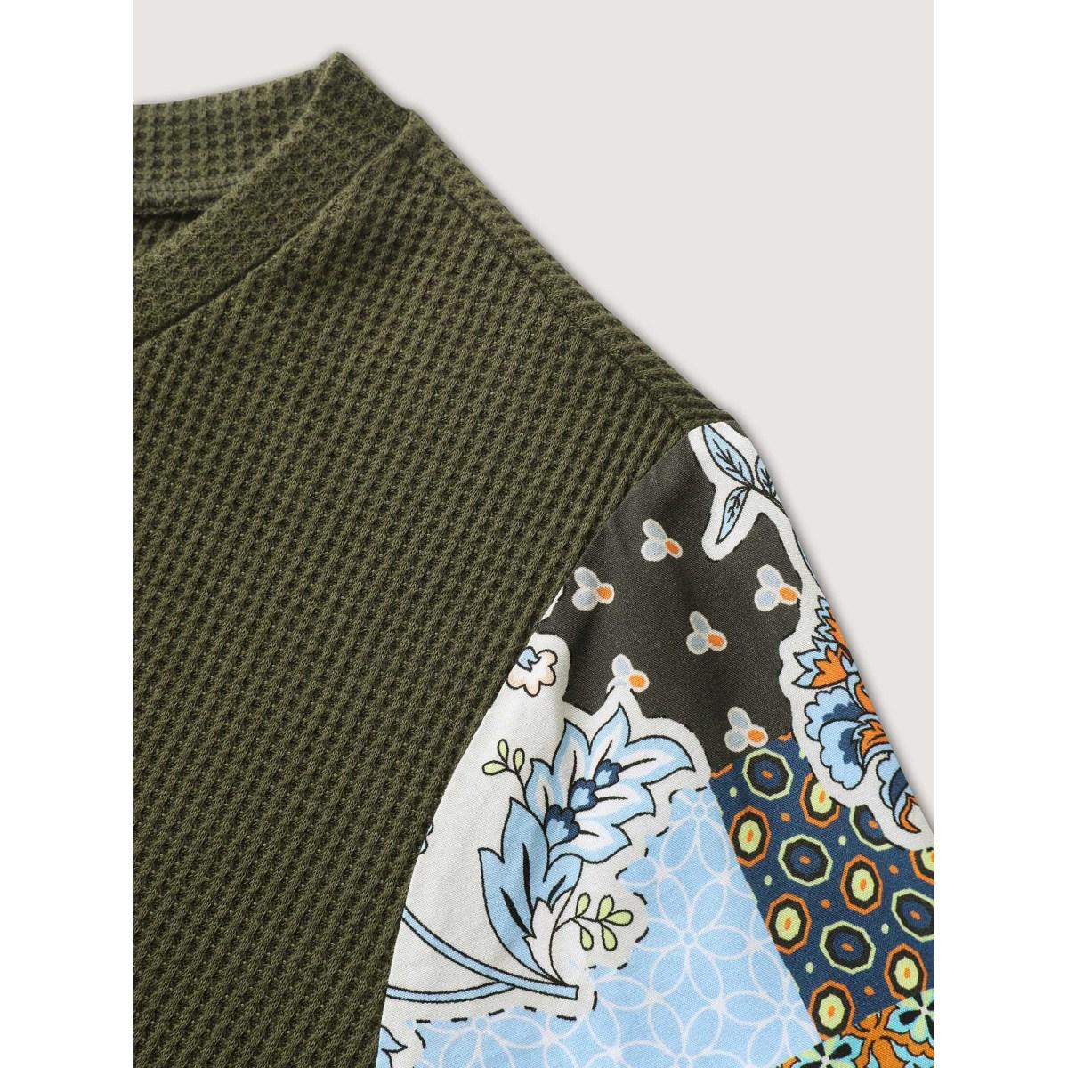 Plus Size Boho Print Ribbed Sleeve Tie Sweatshirt Women ArmyGreen Boho Round Neck Vacation Sweatshirts BloomChic 10/M Product Image