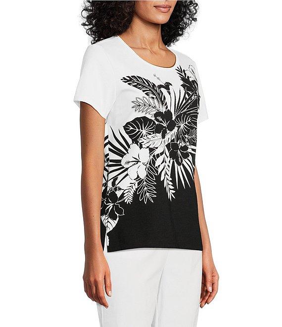 Allison Daley Embellished Tropical Palm Print Short Sleeve Crew Neck Knit Top Product Image