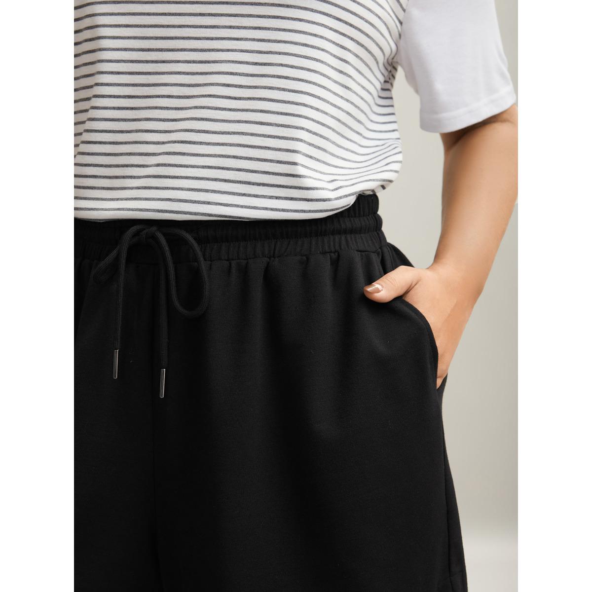 Plus Size Drawstring Slit Supersoft Pull-On Shorts Women Black Leisure Drawstring Loose Casual Shorts BloomChic 18-20/2X Product Image