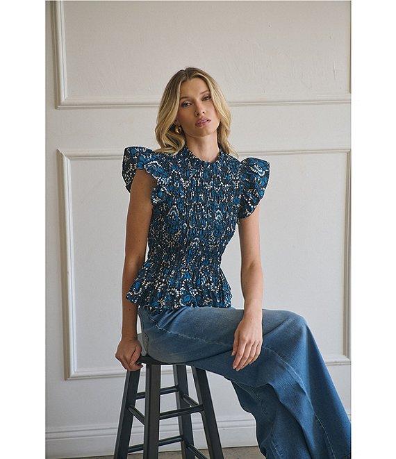 Sugarlips Etta Floral Print Mock Neckline Short Sleeve Smocked Peplum Top Product Image