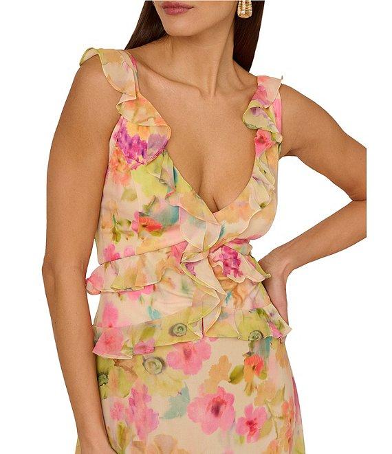 Adrianna Papell V Neck Floral Printed Chiffon Ruffle Midi Dress Product Image