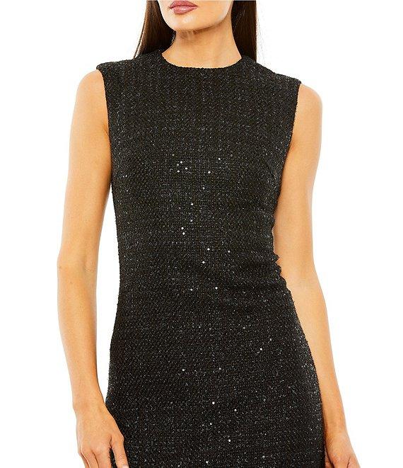 Mac Duggal Crew Neck Shimmer Boucle Feather Hem Sheath Dress Product Image