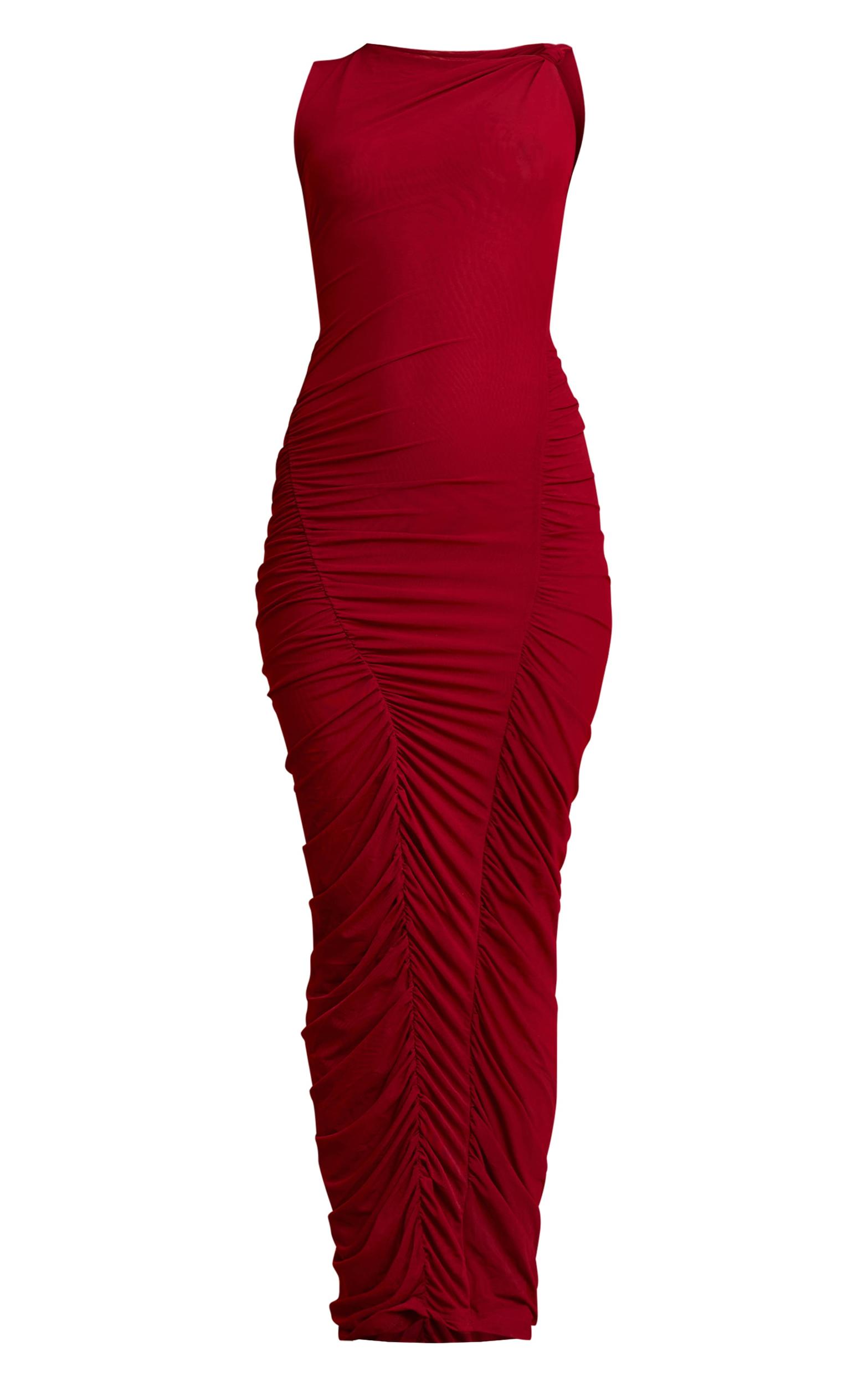  Deep Red Double Layer Mesh Boat Neck Ruched Maxi Dress Product Image