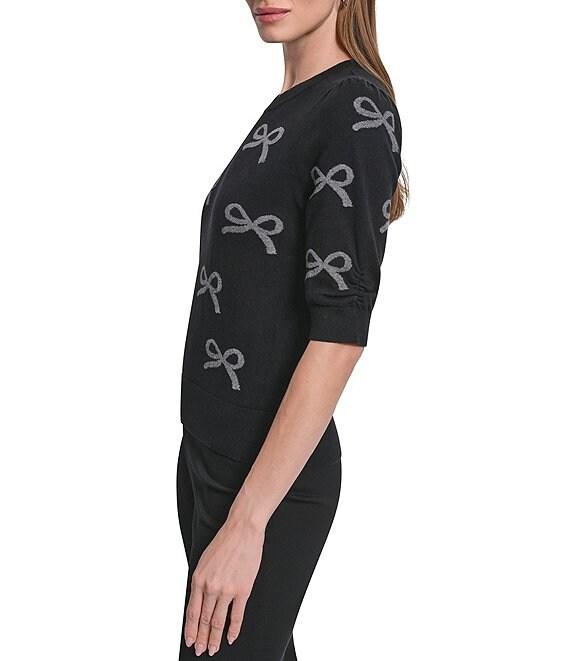 DKNY by Donna Karan Sequin Mini Bow Crew Neck Puff Sleeve Sweater Product Image