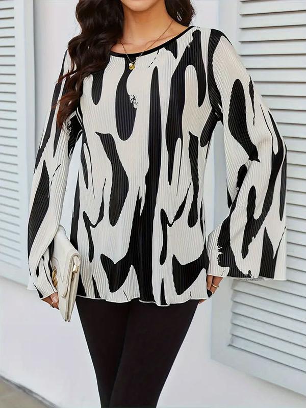 Flared Sleeves Loose Pleated Printed Split-Joint Round-Neck Blouses&Shirts Tops Product Image