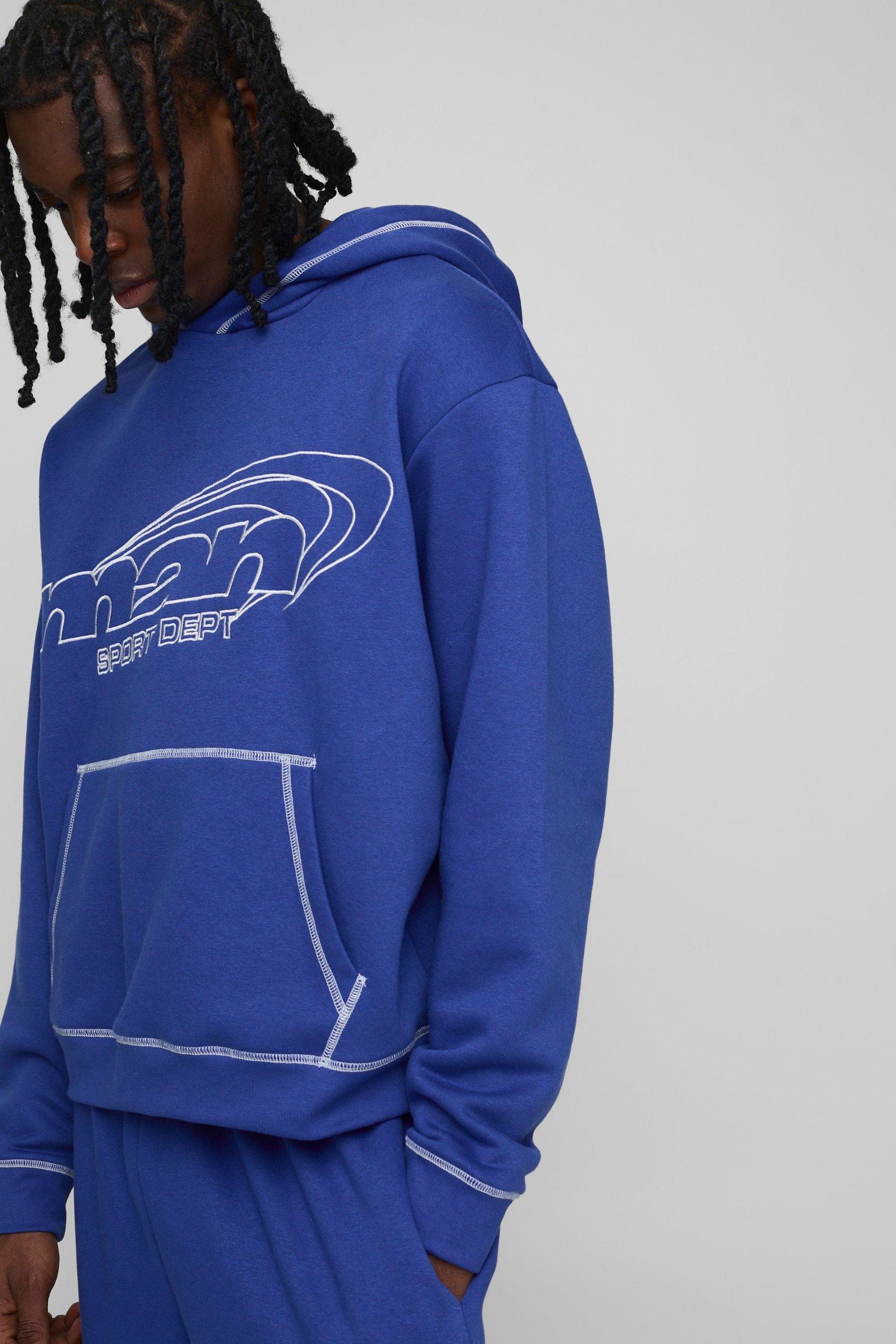 Oversized Man Contrast Embroidery Hooded Tracksuit | boohooMAN USA Product Image