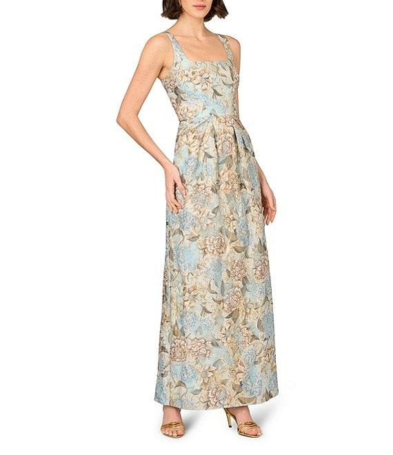 Aidan Mattox Jacquard Floral Print Square Neck Sleeveless Pleated Sheath Gown Product Image