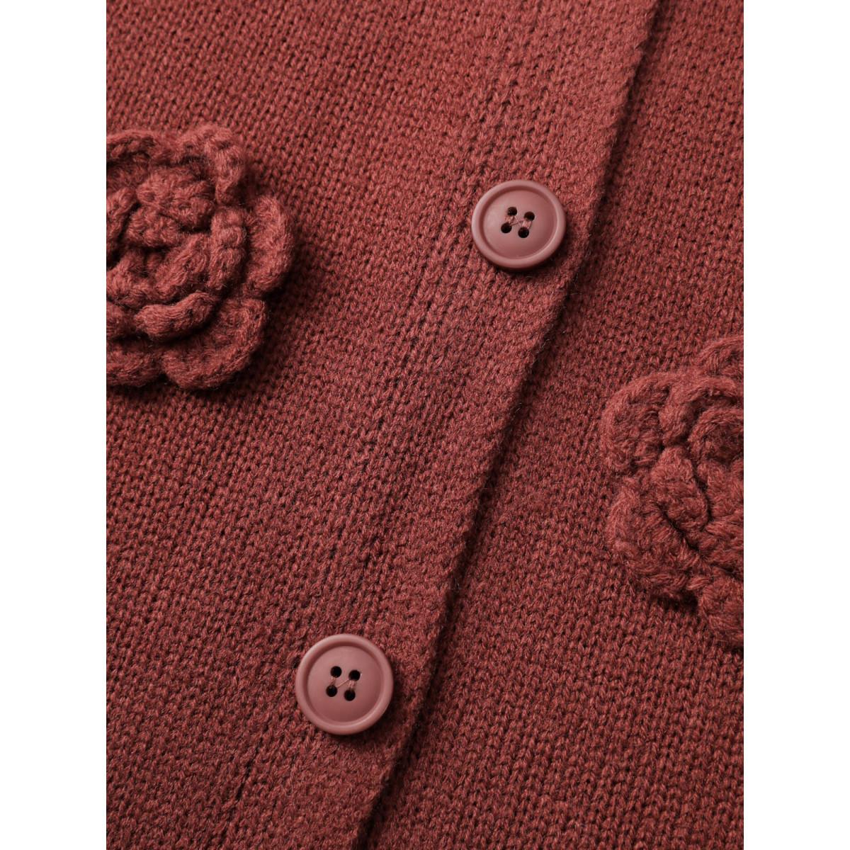 Plus Size 3D Floral Pattern Round Neck Knit Cardigan Rust Women Playful Loose Long Sleeve Casual Cardigans BloomChic 26/4X Product Image