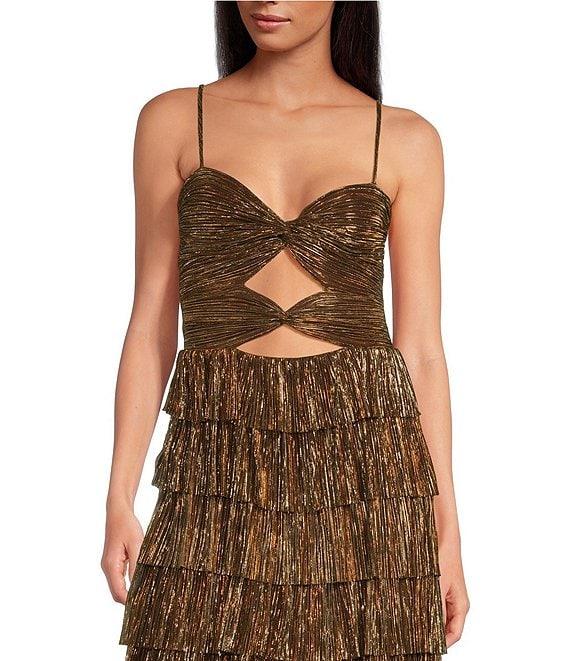 Gianni Bini Grace Metallic Plisse Sweetheart Neck Cut-Out Tiered Dress Product Image