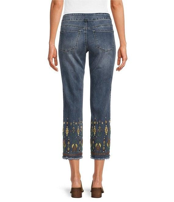John Mark Petite Size Embroidered Floral Frayed Hem Straight Leg Jeans Product Image