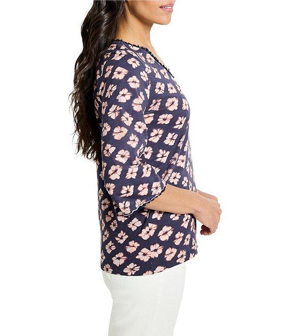 NIC + ZOE Geo Garden V-Neck Elbow Sleeve Fringe Tee Product Image