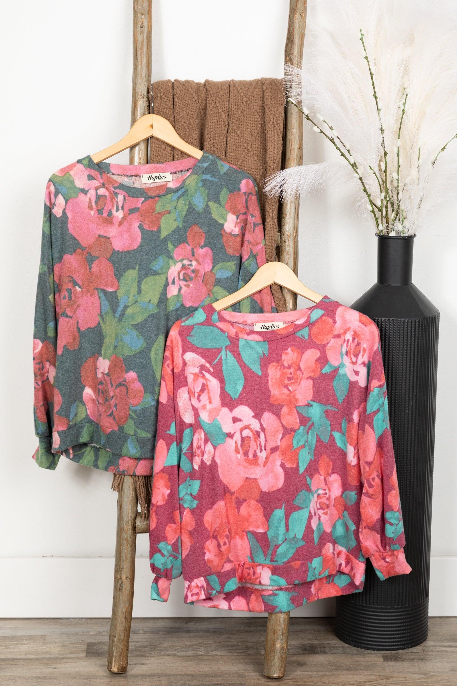 Drop Shoulder Brushed Floral Hacci Knit Top Product Image