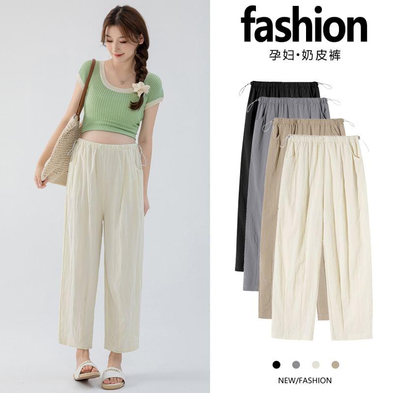 Maternity Drawstring Waist Plain Straight Leg Pants Product Image