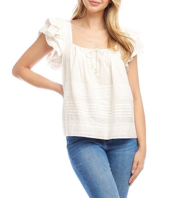 Karen Kane Embroidered Square Neck Short Ruffle Sleeve Blouse Product Image