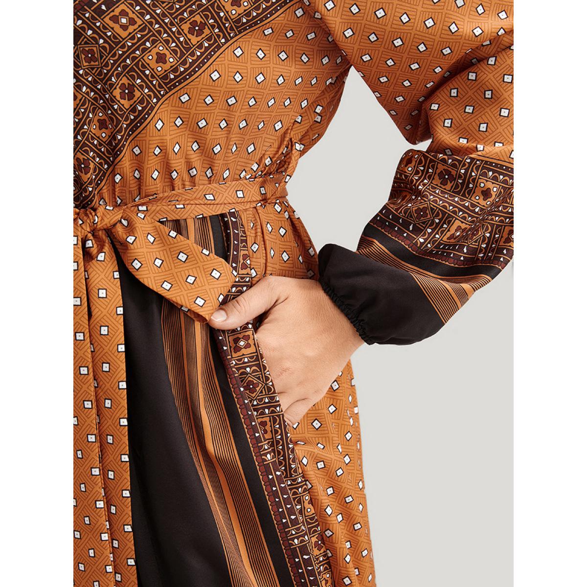 Plus Size Geometric Split Pocket Belted Wrap Lantern Sleeve Dress Bronze Women Vacation Belted V-neck Long Sleeve Curvy Midi Dress BloomChic 22-24/3X Product Image