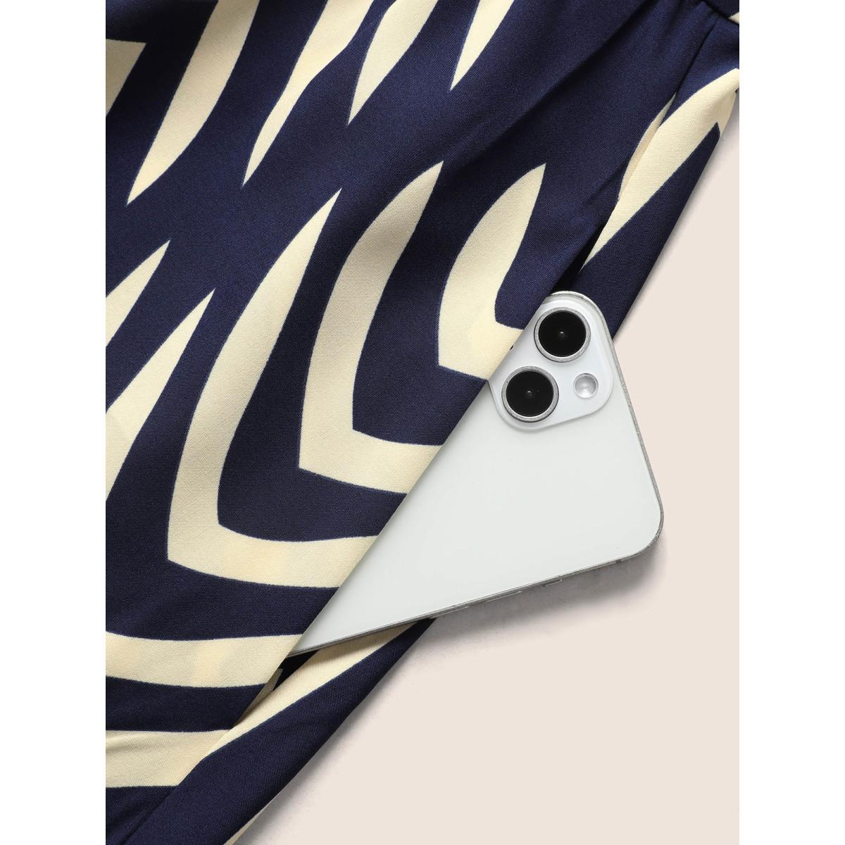 Plus Size Geometric Frill Trim Tie Knot Sleeveless Dress Navy Women At the Office Wraparound straps V-neck Sleeveless Curvy BloomChic 12/L Product Image