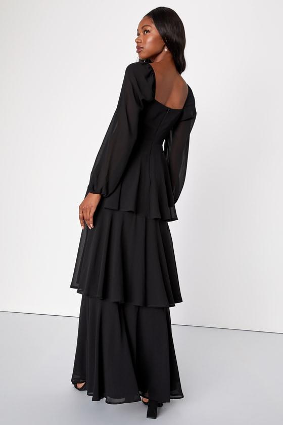 Tier to Enchant Black Long Sleeve Tiered Maxi Dress Product Image
