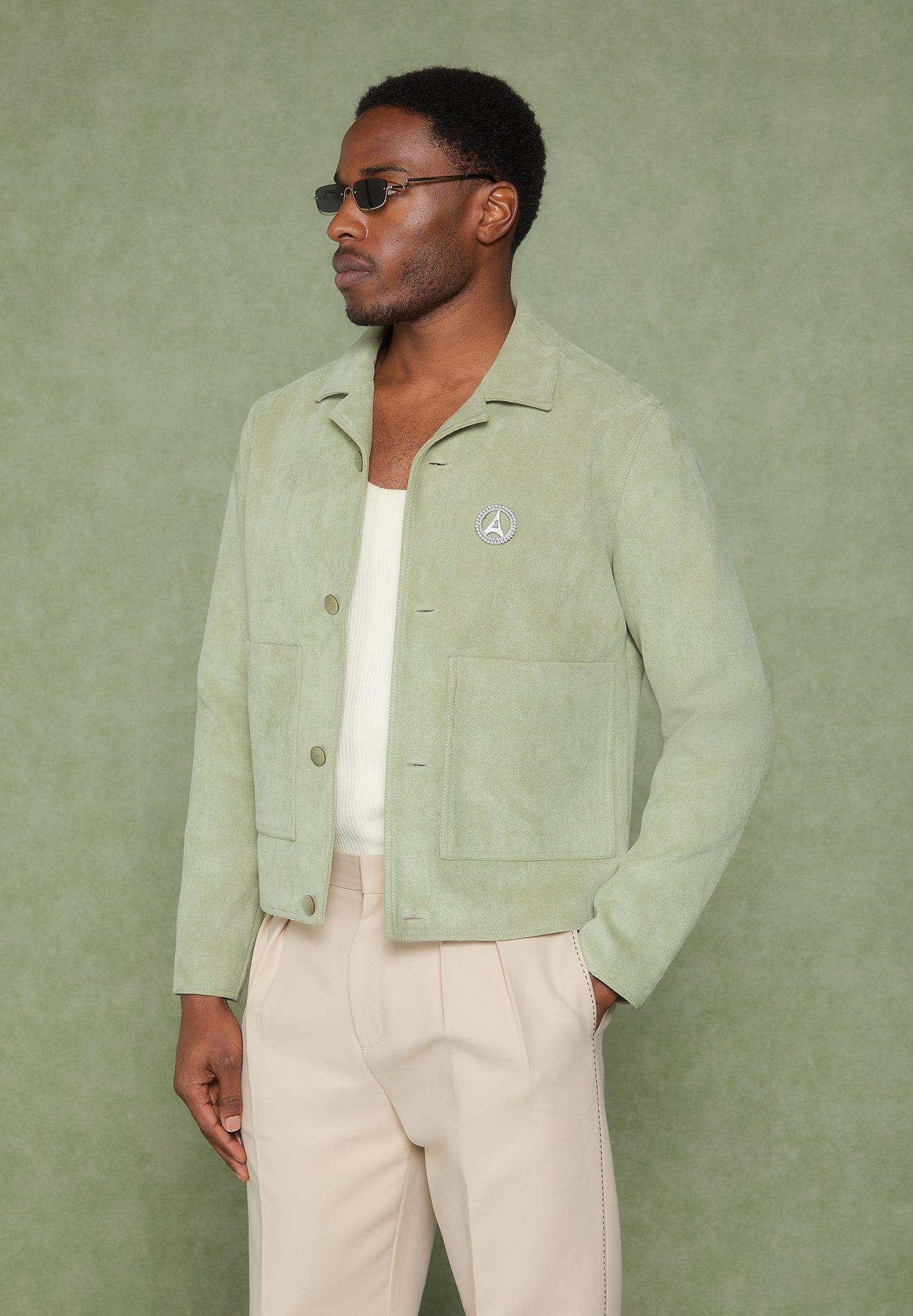 Michel - Suede Jacket with Revere Collar - Sage Male Product Image