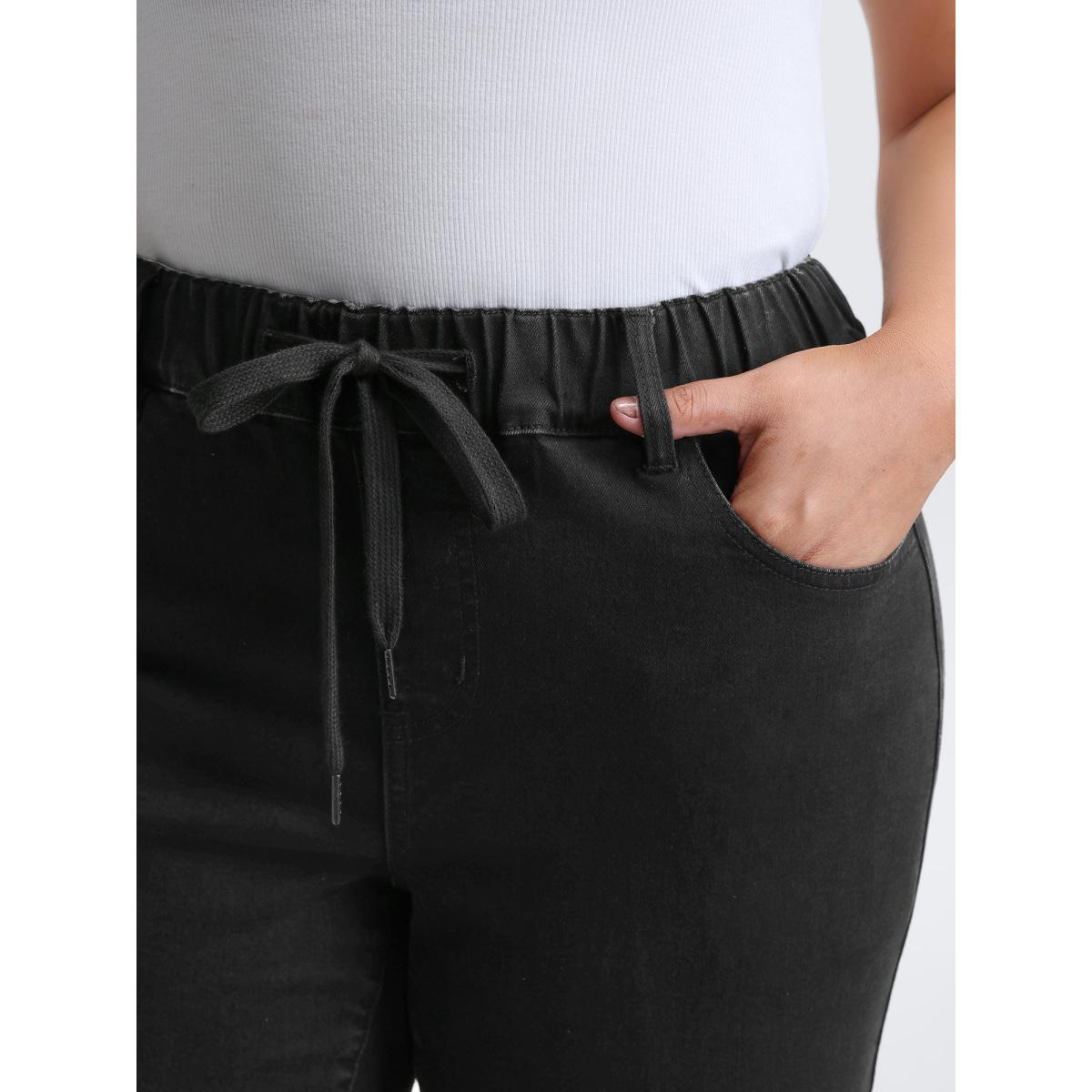 Plus Size Supersoft Waist Drawstring Skinny-Fit Jeans Women Denimblack Leisure Elastic Waist High stretch Slanted pocket Jeans BloomChic 24/3X Product Image