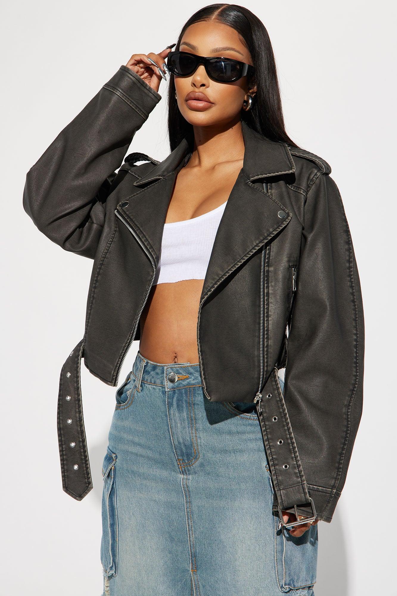 Roxi Washed Faux Leather Moto - Black Female Product Image