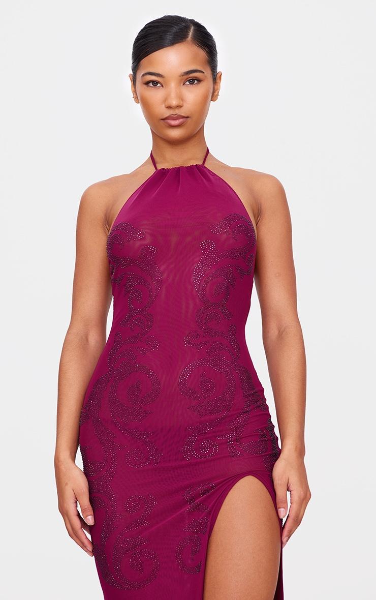 Wine Lined Mesh Diamante Detail Split Maxi Dress Product Image